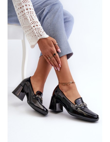 Black Patent Low Heel Court Shoes with Decoration Makki