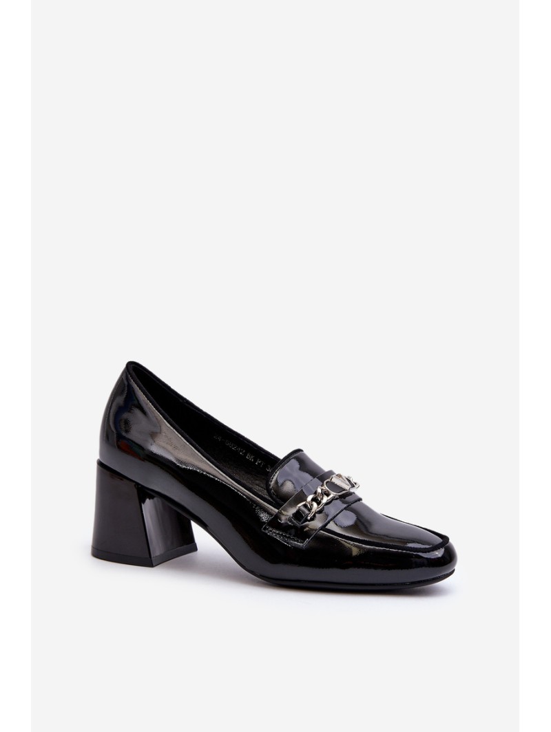 Black Patent Low Heel Court Shoes with Decoration Makki