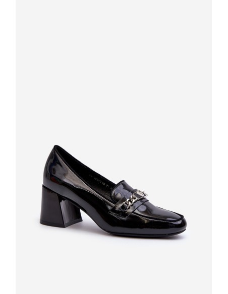 Black Patent Low Heel Court Shoes with Decoration Makki