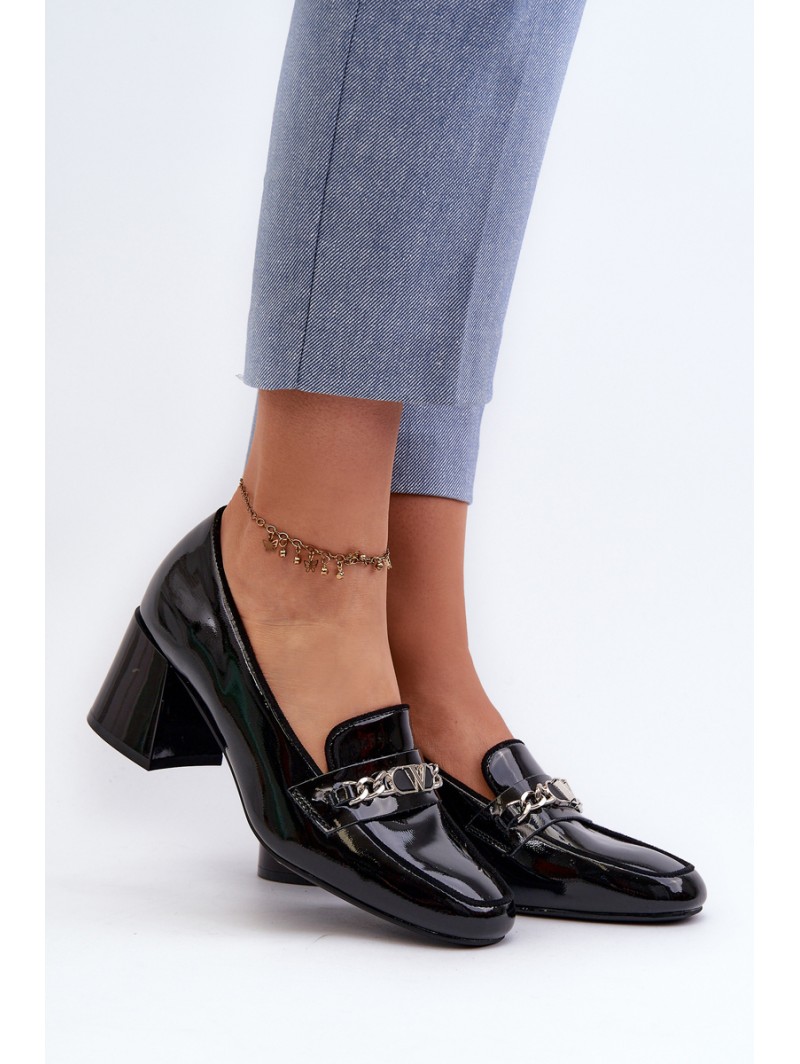 Black Patent Low Heel Court Shoes with Decoration Makki