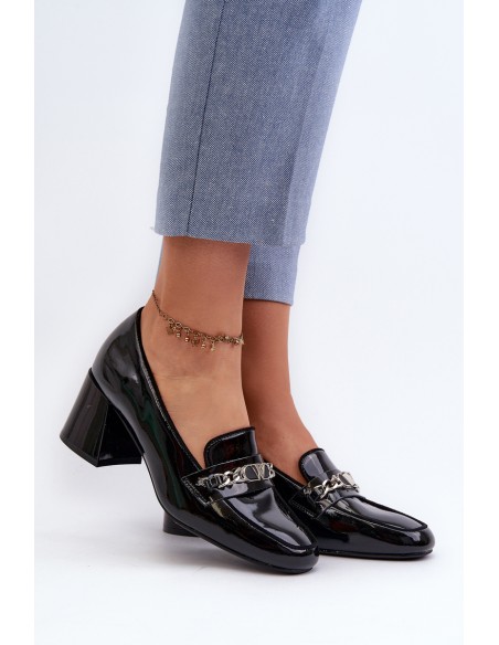 Black Patent Low Heel Court Shoes with Decoration Makki