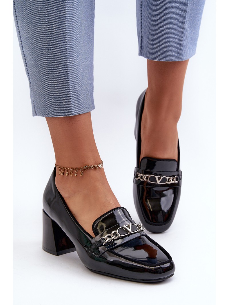 Black Patent Low Heel Court Shoes with Decoration Makki