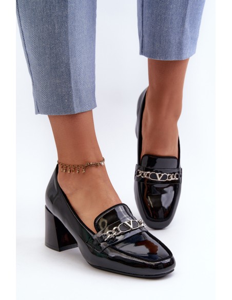Black Patent Low Heel Court Shoes with Decoration Makki