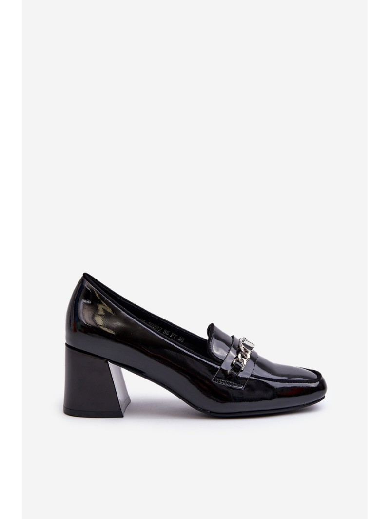 Black Patent Low Heel Court Shoes with Decoration Makki