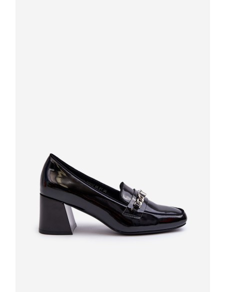 Black Patent Low Heel Court Shoes with Decoration Makki