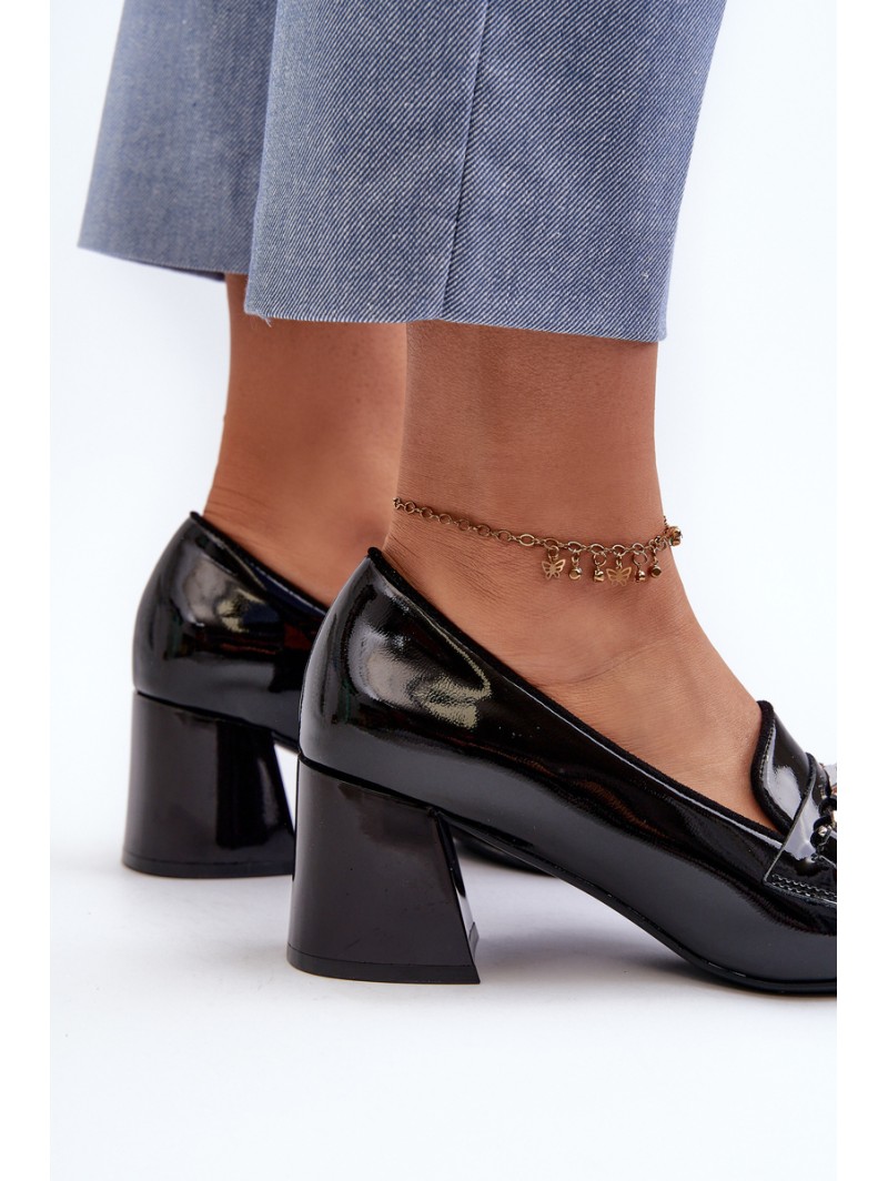 Black Patent Low Heel Court Shoes with Decoration Makki