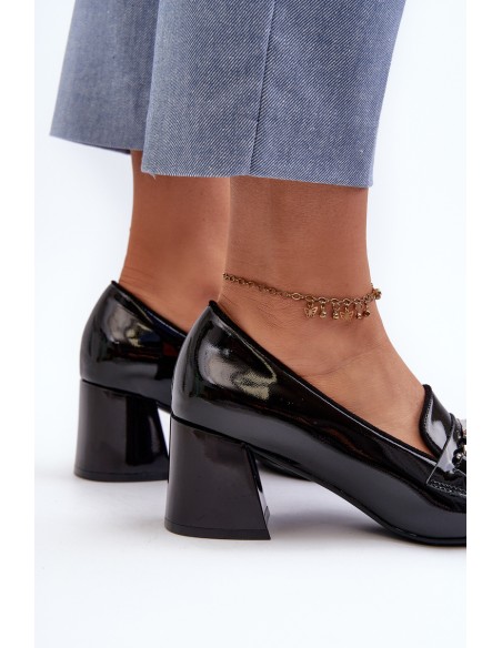 Black Patent Low Heel Court Shoes with Decoration Makki