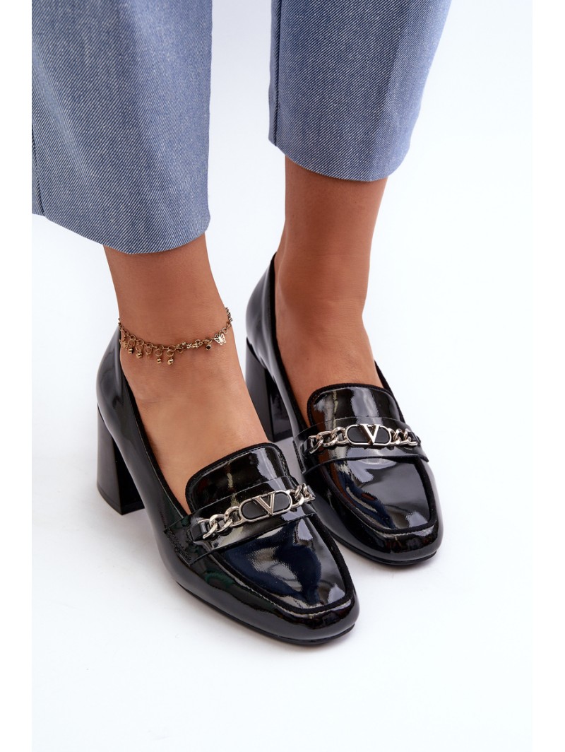 Black Patent Low Heel Court Shoes with Decoration Makki