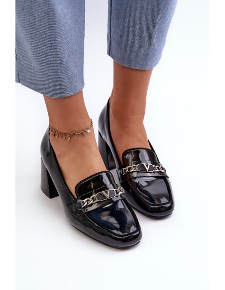 Black Patent Low Heel Court Shoes with Decoration Makki