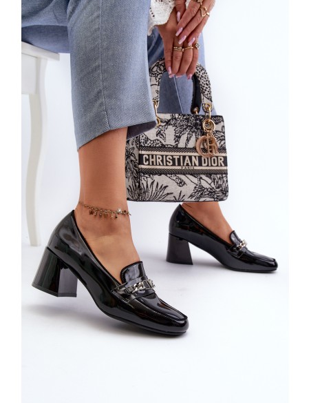 Black Patent Low Heel Court Shoes with Decoration Makki