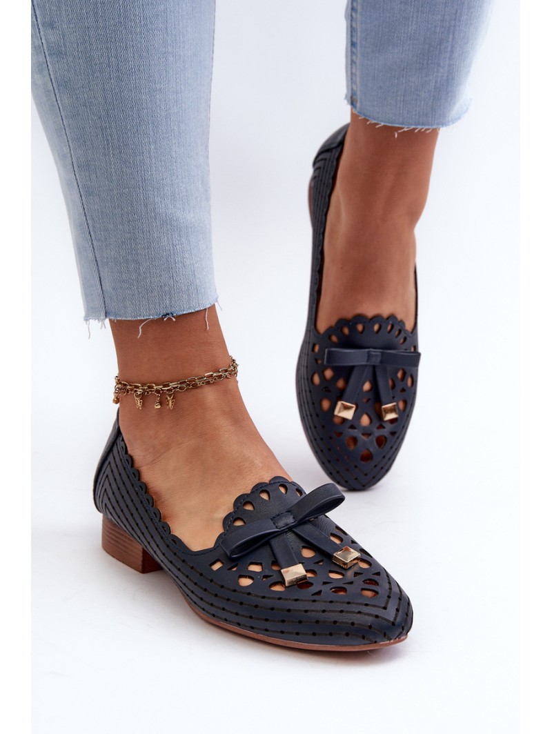 Women's Navy Blue Cutout Ballerina Flats with Bow Nestavia