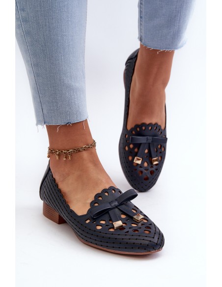 Women's Navy Blue Cutout Ballerina Flats with Bow Nestavia