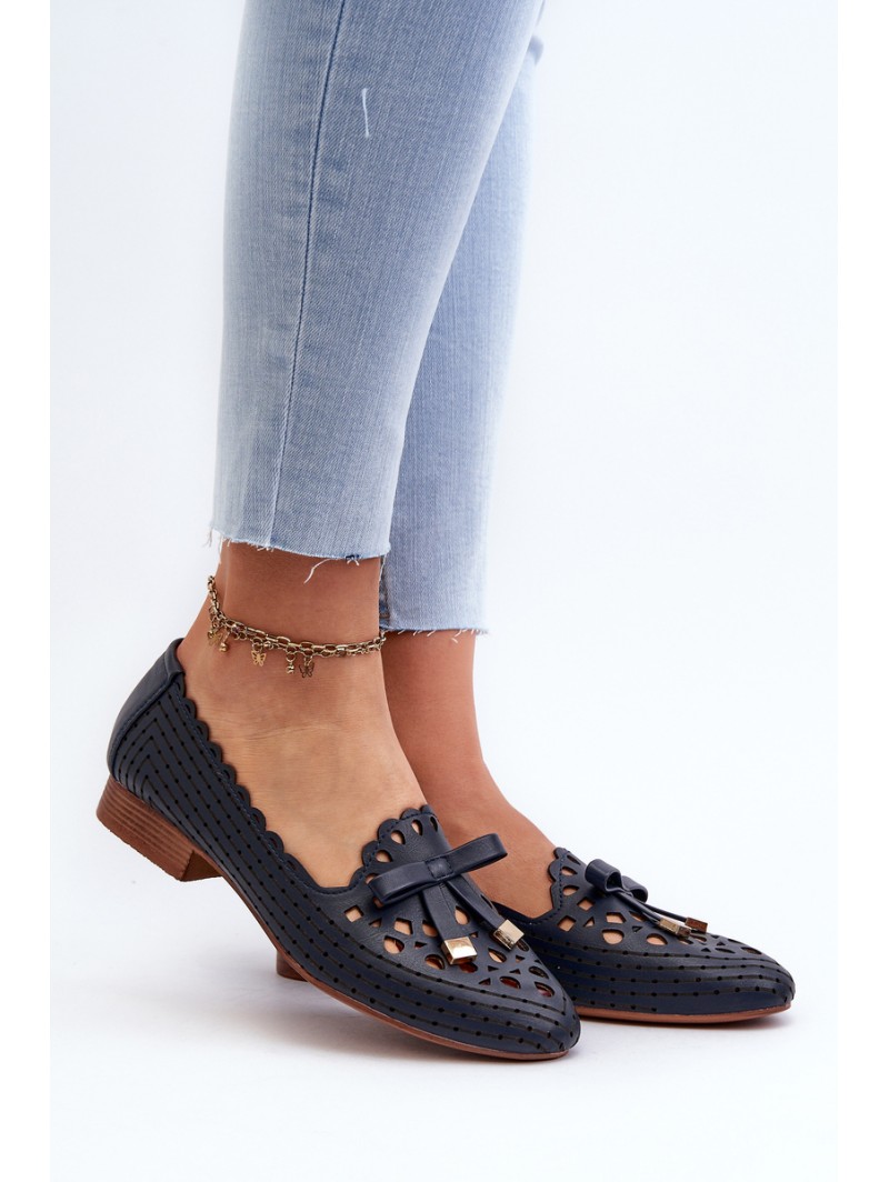 Women's Navy Blue Cutout Ballerina Flats with Bow Nestavia
