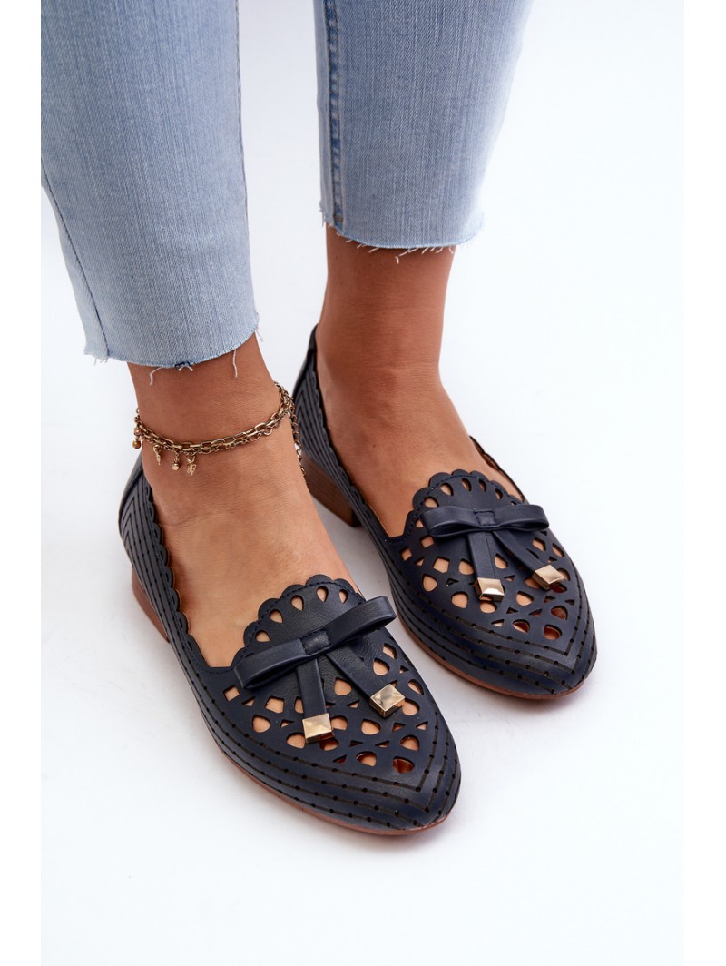 Women's Navy Blue Cutout Ballerina Flats with Bow Nestavia