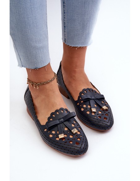 Women's Navy Blue Cutout Ballerina Flats with Bow Nestavia