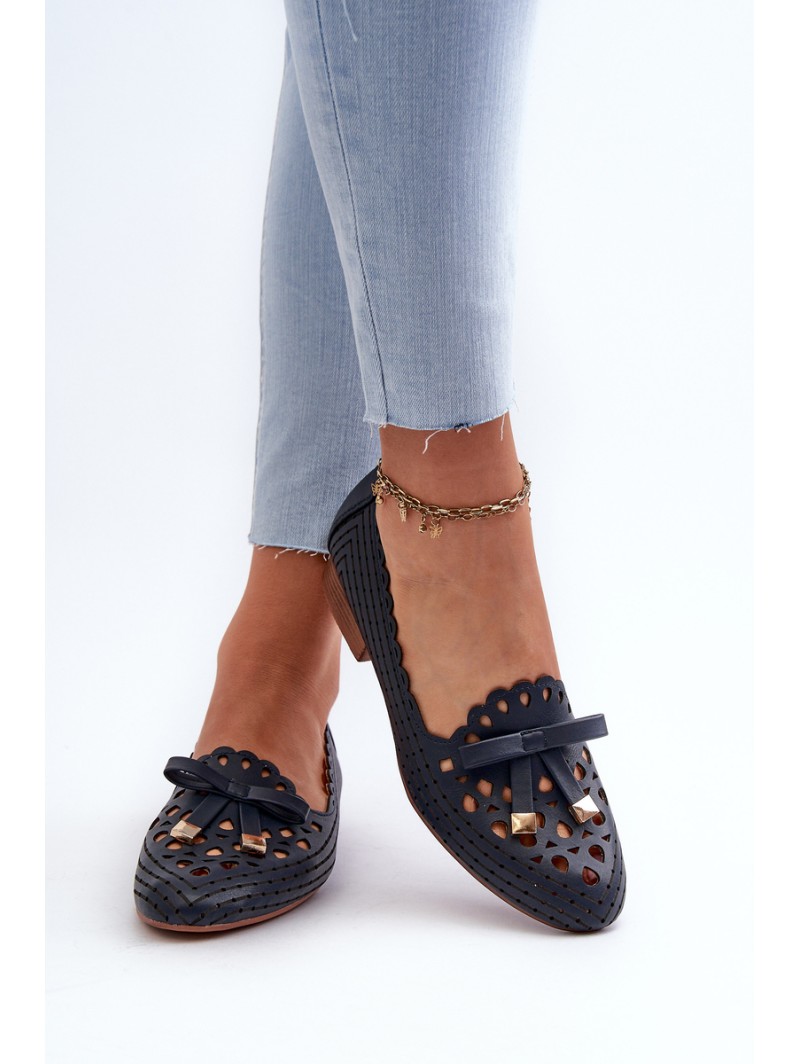 Women's Navy Blue Cutout Ballerina Flats with Bow Nestavia