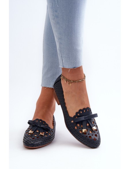 Women's Navy Blue Cutout Ballerina Flats with Bow Nestavia