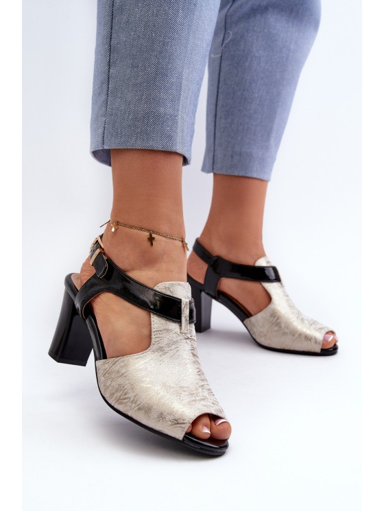 Women's sandals with a heel made of eco-leather in gold-black Queenmarie