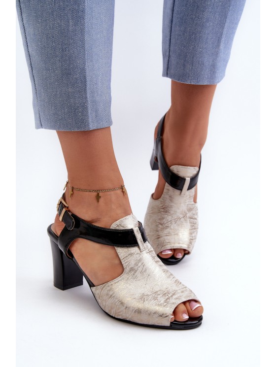 Women's sandals with a heel made of eco-leather in gold-black Queenmarie 2