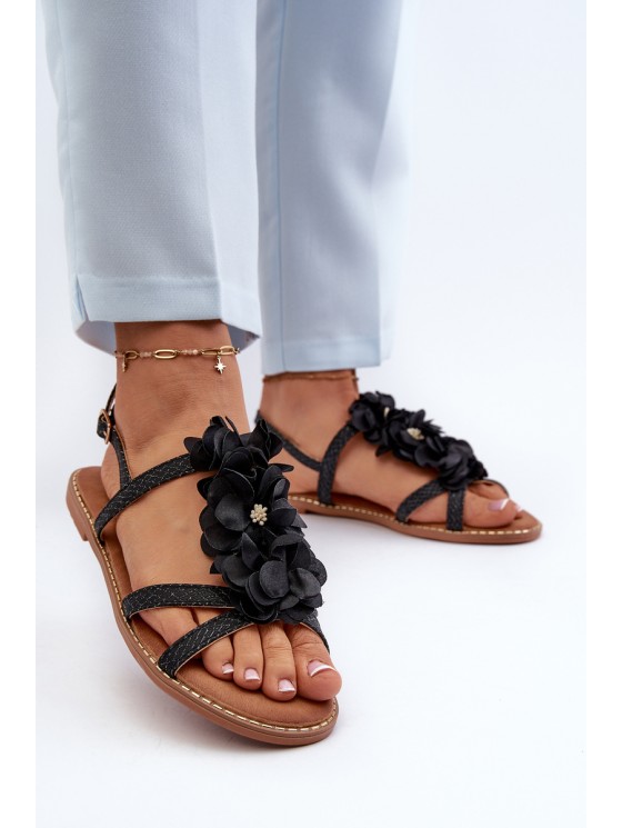 Women's Flat Sandals Adorned with Black Flowers Abidina