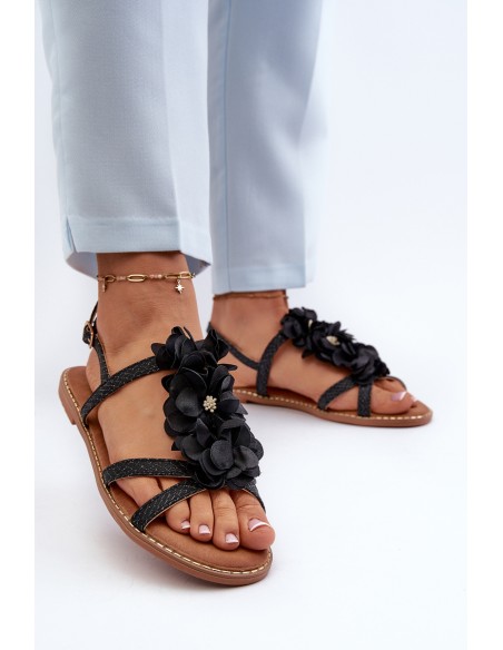 Women's Flat Sandals Adorned with Black Flowers Abidina
