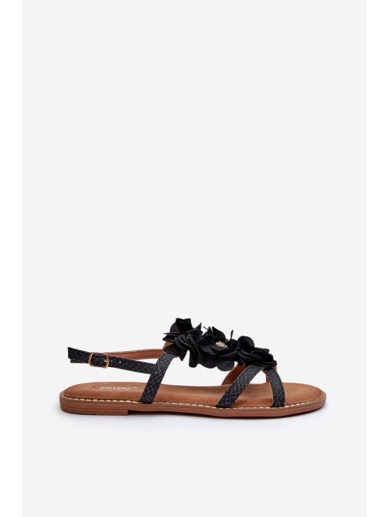Women's Flat Sandals Adorned with Black Flowers Abidina 2