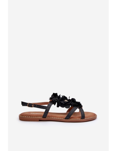Women's Flat Sandals Adorned with Black Flowers Abidina
