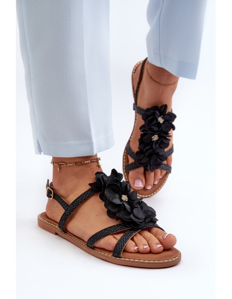 Women's Flat Sandals Adorned with Black Flowers Abidina