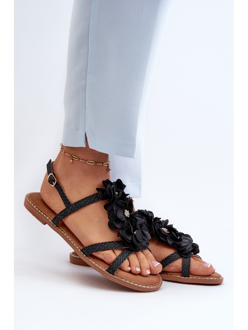 Women's Flat Sandals Adorned with Black Flowers Abidina