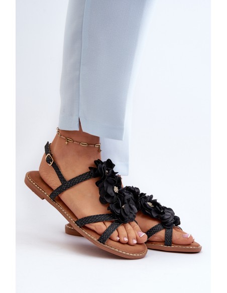 Women's Flat Sandals Adorned with Black Flowers Abidina