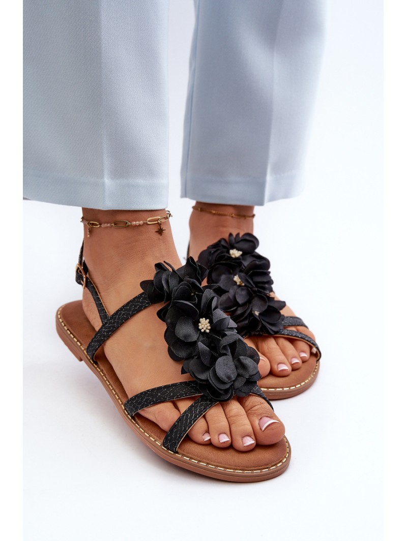 Women's Flat Sandals Adorned with Black Flowers Abidina
