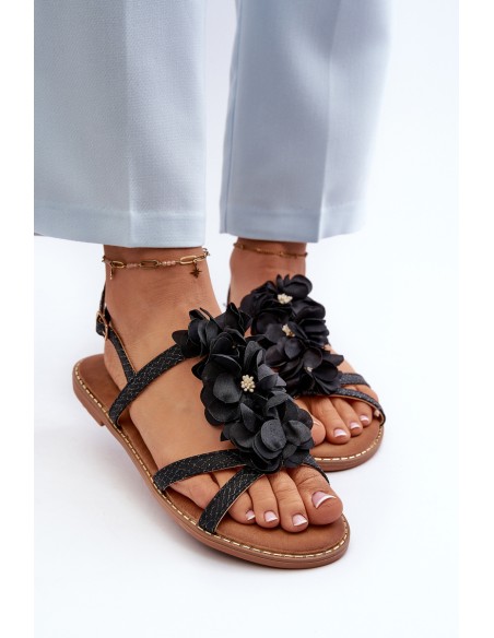 Women's Flat Sandals Adorned with Black Flowers Abidina