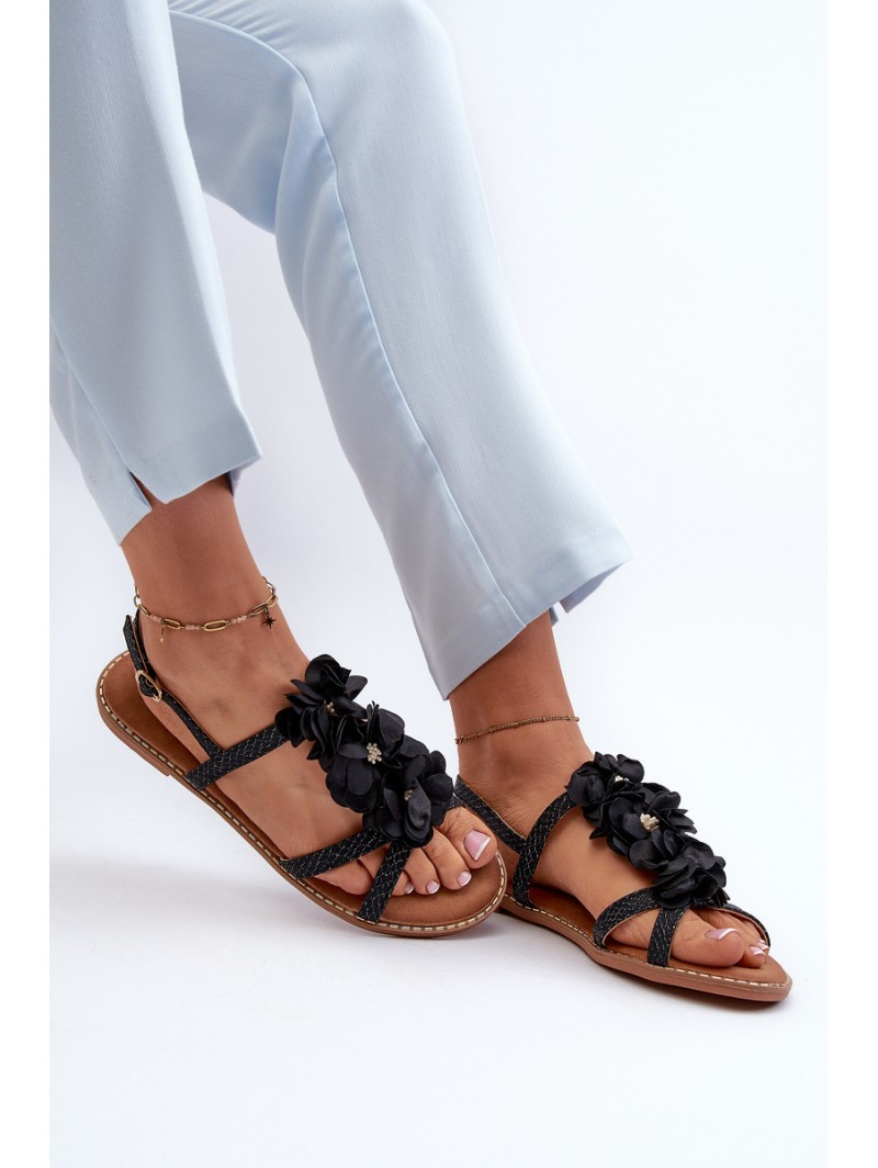 Women's Flat Sandals Adorned with Black Flowers Abidina