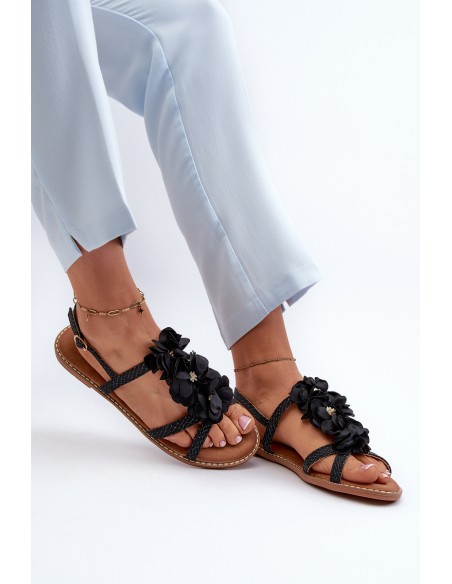 Women's Flat Sandals Adorned with Black Flowers Abidina