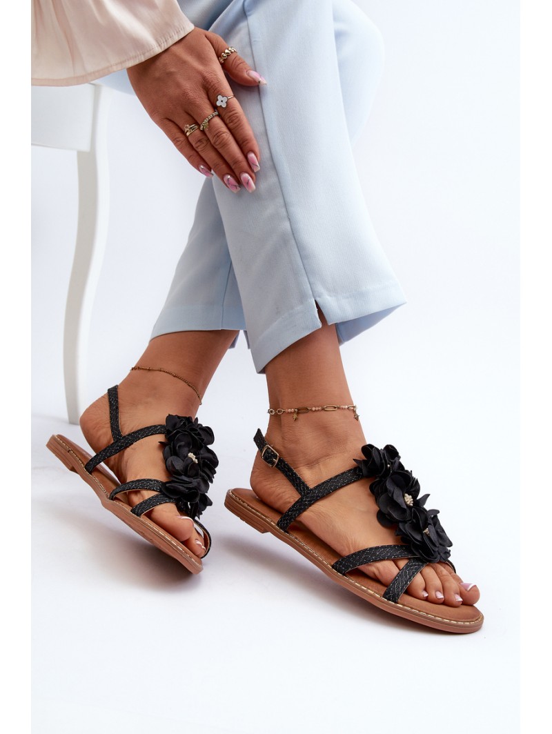 Women's Flat Sandals Adorned with Black Flowers Abidina