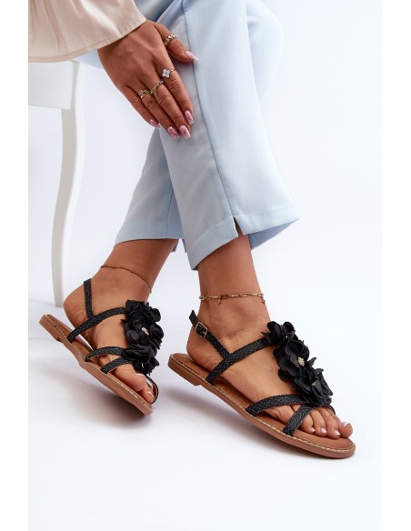 Women's Flat Sandals Adorned with Black Flowers Abidina