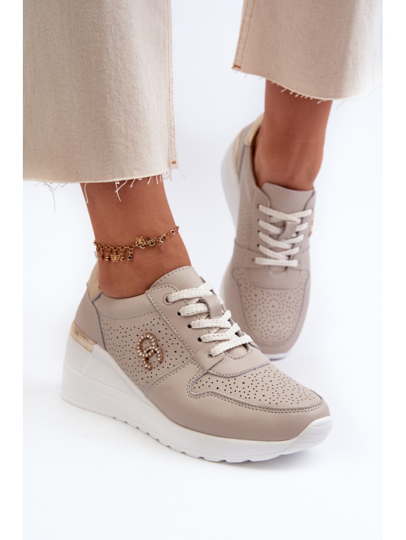 Women's Leather Sneakers with Wedge Sole Beige S.Barski LR810