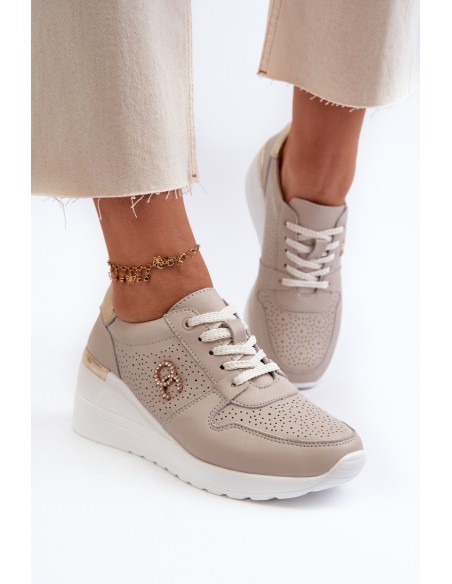 Women's Leather Sneakers with Wedge Sole Beige S.Barski LR810
