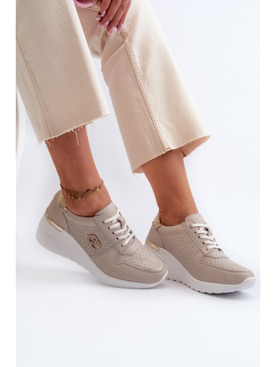 Women's Leather Sneakers with Wedge Sole Beige S.Barski LR810 2