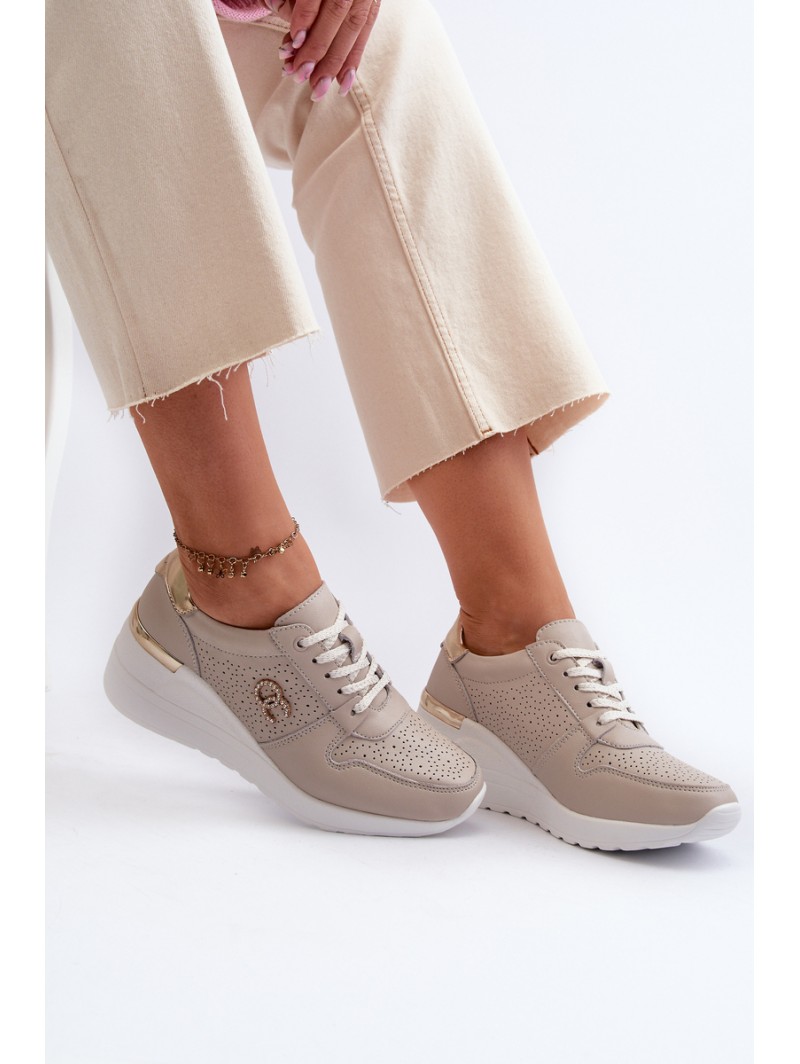 Women's Leather Sneakers with Wedge Sole Beige S.Barski LR810