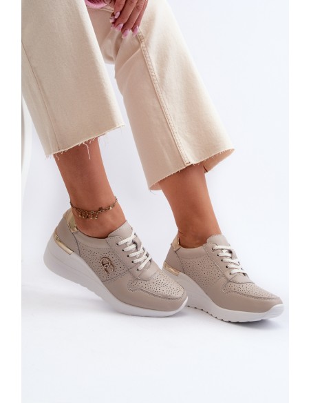 Women's Leather Sneakers with Wedge Sole Beige S.Barski LR810