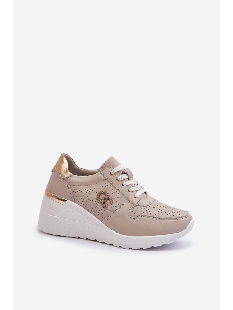 Women's Leather Sneakers with Wedge Sole Beige S.Barski LR810