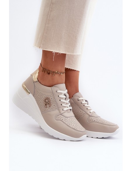 Women's Leather Sneakers with Wedge Sole Beige S.Barski LR810
