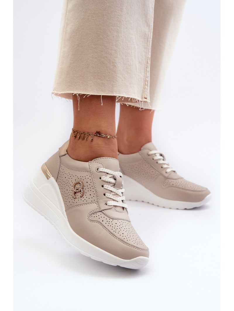Women's Leather Sneakers with Wedge Sole Beige S.Barski LR810