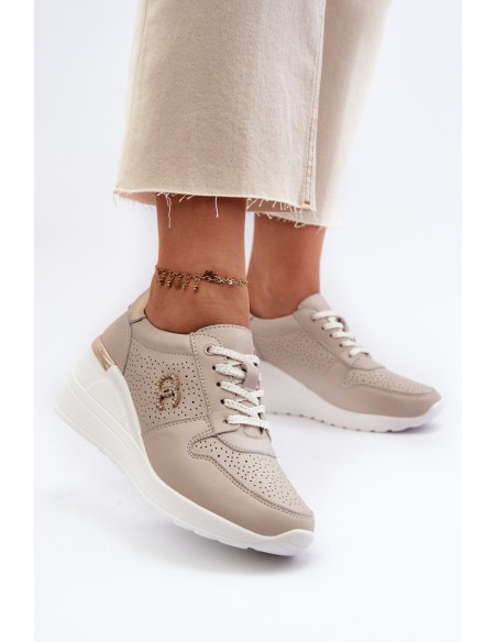 Women's Leather Sneakers with Wedge Sole Beige S.Barski LR810