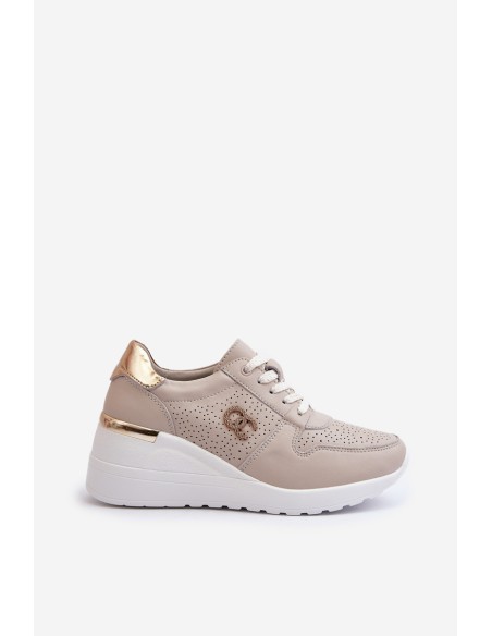 Women's Leather Sneakers with Wedge Sole Beige S.Barski LR810