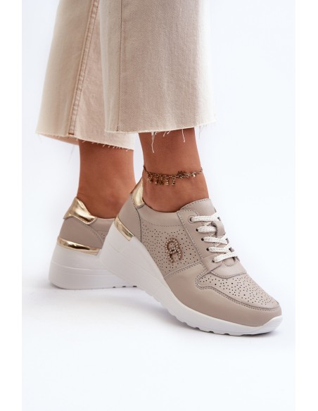 Women's Leather Sneakers with Wedge Sole Beige S.Barski LR810