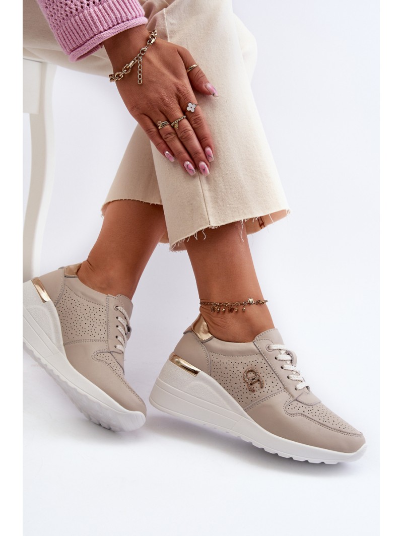 Women's Leather Sneakers with Wedge Sole Beige S.Barski LR810