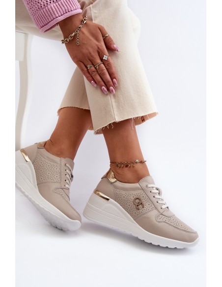 Women's Leather Sneakers with Wedge Sole Beige S.Barski LR810