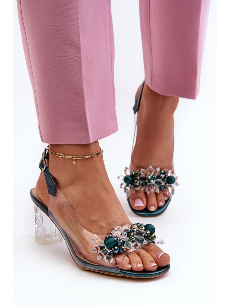 Transparent sandals on a heel with decorations in green D&A MR38-D1